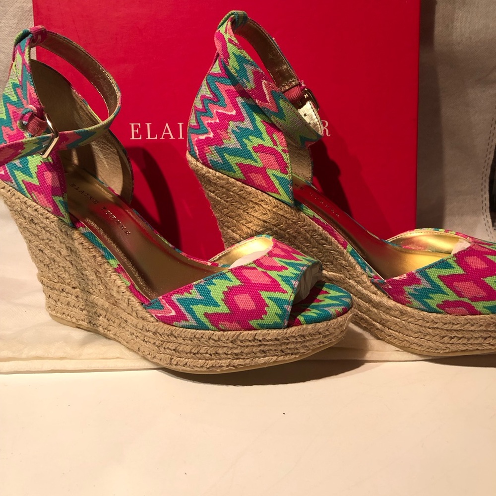 NWT in box Elaine Turner Pink, Green & Blue Batik Print Espadrille Wedge Sandals